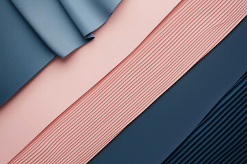 Poster - Abstract image of overlapping pastel pink, blue, and dark blue pleated fabric textures.