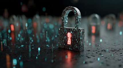 Leinwandbilder - glowing digital padlock stands amidst floating binary code, symbolizing cybersecurity and data protection in futuristic setting. scene conveys sense of security and innovation