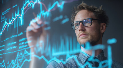 Poster - business analyst in glasses interacts with holographic screen displaying financial graphs and data, focused on analysis and strategy. futuristic setting enhances innovative atmosphere