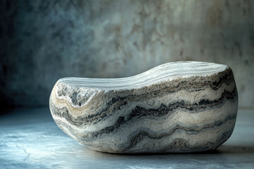 Poster - A polished, grey and white stone shaped like a low bench, sits on a grey surface against a textured background.