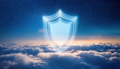 Poster - radiant shield icon positioned in the sky overlaying an abstract cloud landscape with serene vibes