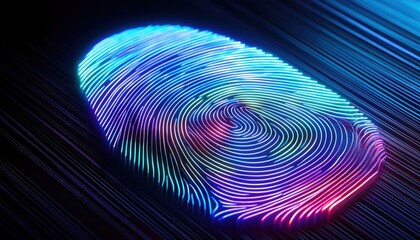 Poster - elegant digital fingerprint pattern rendered in neon light pulsating gently on a dark background