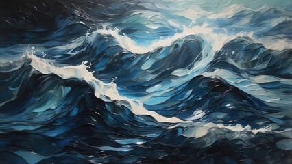 Abstract digital landscape with blue wavy lines converging towards the horizon under a dark