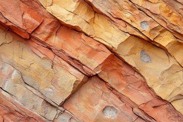 Poster - Abstract image of layered rock formation showcasing warm, earthy tones of orange and yellow, creating a geological texture.