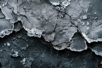 Poster - Cracked dark surface with ice formations, abstract texture, winter scene.