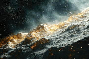 Poster - Glowing, rocky alien landscape under a starry sky; ethereal and otherworldly scene.