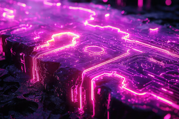 Poster - Neon pink circuit board embedded in dark stone, futuristic tech aesthetic.