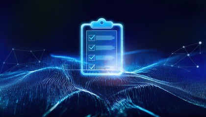 Poster - hologram style privacy checklist document featuring confirmation icons set against a blue background
