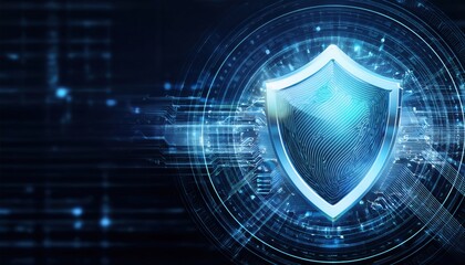 Poster - stylized security shield with crystalline texture deflecting abstract digital particles in dark spac