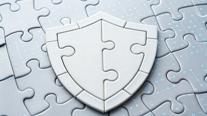Poster - Interlocking puzzle pieces forming a white shield representing security and protection in digital space
