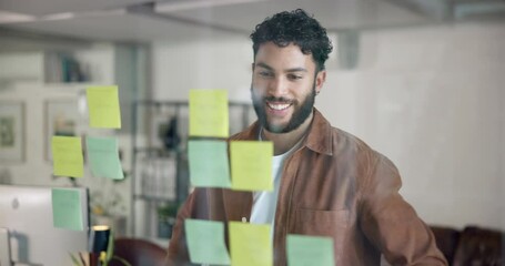 Poster - Businessman, thinking or planning with sticky note for brainstorming on glass board at office. Male person, employee or thoughtful planner in wonder with smile for layout, schedule or project ideas