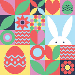 Wall Mural - easter bunny, egg and flower background. geometric design with cartoon elements. vector illustration