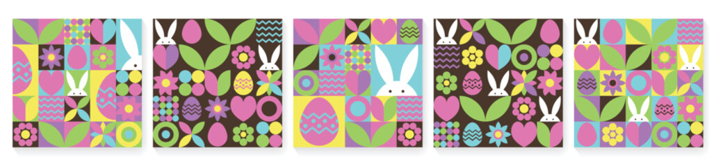 Wall Mural - collection of easter background in geometric style. mosaic with bunny, egg and flower. abstract desi