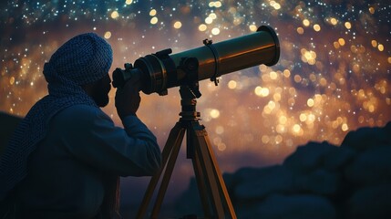 Wall Mural - a person looks through a telescope at a starry night sky