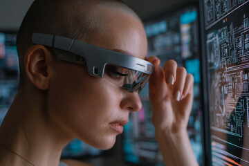 Poster - Close-up of woman wearing futuristic glasses, adjusting them while looking at a computer screen showing digital code, symbolizing technological advancement and innovation in the digital world