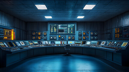 Control room operations industrial facility digital interface high-tech environment wide-angle view futuristic concept