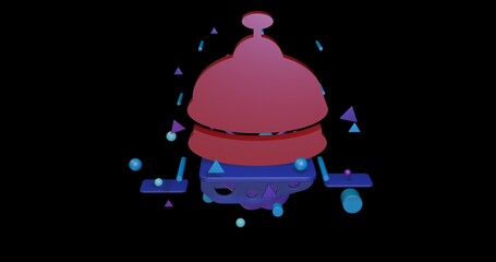 Poster - Red reception bell symbol on a pedestal of abstract geometric shapes floating in the air. Abstract concept art with flying shapes in the center. 3d illustration on black background
