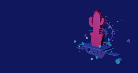 Poster - Pink cactus symbol on a pedestal of abstract geometric shapes floating in the air. Abstract concept art with flying shapes on the right. 3d illustration on indigo background