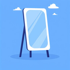 Poster - Simple Mirror Icon on Blue Background Reflecting Clouds and Light