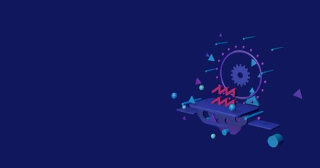 Poster - Pink zodiac aquarius symbol on a pedestal of abstract geometric shapes floating in the air. Abstract concept art with flying shapes on the right. 3d illustration on indigo background
