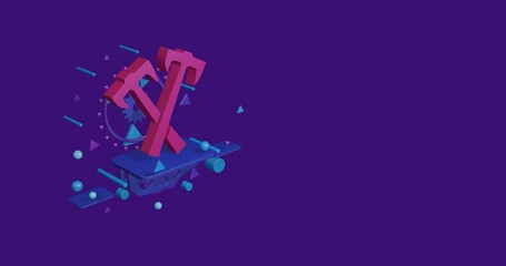 Poster - Pink crossed axes symbol on a pedestal of abstract geometric shapes floating in the air. Abstract concept art with flying shapes on the left. 3d illustration on deep purple background