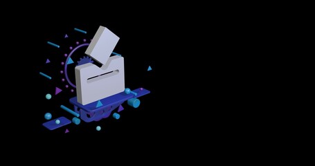 Poster - White vote symbol on a pedestal of abstract geometric shapes floating in the air. Abstract concept art with flying shapes on the left. 3d illustration on black background