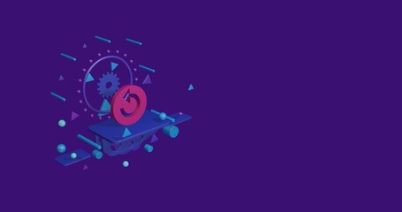 Poster - Pink replay media symbol on a pedestal of abstract geometric shapes floating in the air. Abstract concept art with flying shapes on the left. 3d illustration on deep purple background