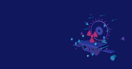 Poster - Pink radiation symbol on a pedestal of abstract geometric shapes floating in the air. Abstract concept art with flying shapes on the right. 3d illustration on indigo background