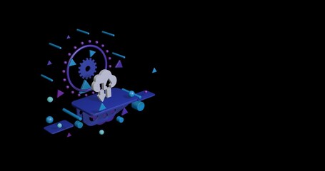 Poster - White cloud technology symbol on a pedestal of abstract geometric shapes floating in the air. Abstract concept art with flying shapes on the left. 3d illustration on black background