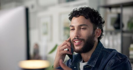 Aufkleber - Phone call, talking and man in office for explaining creative project to client at night. Cellphone, business and male magazine editor on mobile conversation for deadline management in workplace.