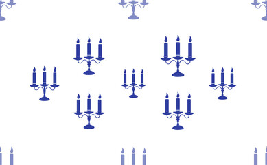 Poster - Seamless pattern of large isolated blue candlestick with candles symbols. The pattern is divided by a line of elements of lighter tones. Illustration on light transparent background