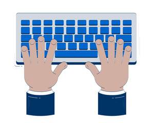 Poster - Typing hands on keyboard doodle cartoon illustration. Digital work. Data entry. Online communication. Keys input top view 2D vector drawing isolated on white background. Editable hand-drawn clipart