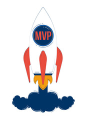 Poster - MVP startup rocket launch 2D doodle object. Business takeoff. Viable product blasting off with smoke cartoon element flat vector clipart isolated on white background. Hand drawn illustration