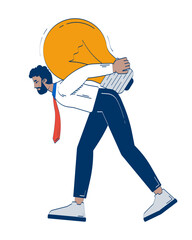 Poster - professional black man carrying giant light bulb on back 2d doodle character. businessman struggling