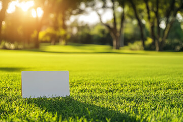 Wall Mural - blank sign on grass of golf course in sunlight