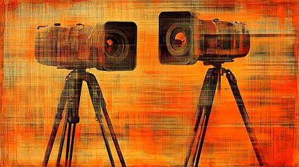 Poster - Abstract Vintage Cameras on Tripods Orange Brown Grunge Texture