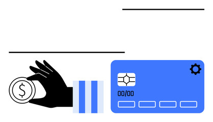 Poster - hand holding coin near blue credit card with chip. ideal for finance, digital payments, savings, tra