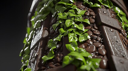 Poster - Dark Brown Stone Column with Lush Green Ivy and Water Droplets