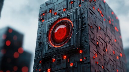 Fototapete - AI-driven dystopian government tower with holographic propaganda