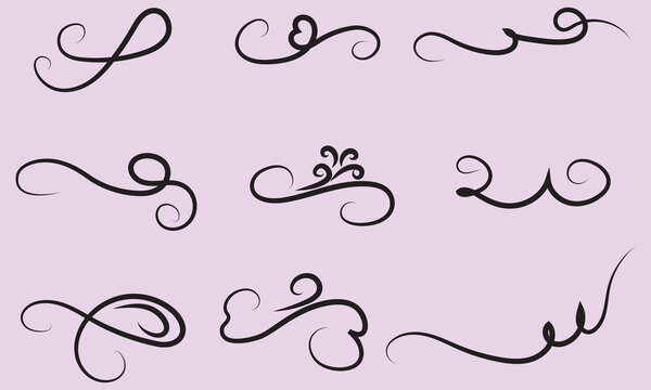 Swirling lines and ornamental curls. Abstract calligraphic doodled dividers set.Flourish Decorative Design Elements
