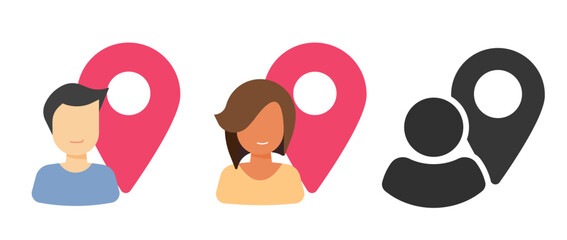 Poster - User person location map gps pin pointer tracker icon vector graphic flat illustration set, shipping or delivery geo place simple solid graphic pictogram sign symbol, people meet position marker  