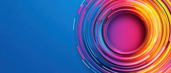 Wall Mural - abstract colorful concentric circles on blue background, vibrant gradient lines forming a circular p