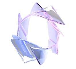 Poster - Glass circle frame of hologram curve wave plates 3d render. Iridescent crystal ring with blue and pink gradient texture. Abstract geometric background with rainbow glossy clear shape