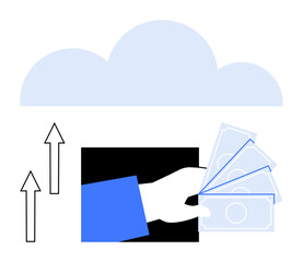 Poster - hand holding paper money under cloud with arrows indicating upward flow. ideal for finance, banking,