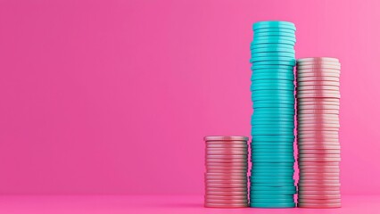 Poster - Stacks of colored chips, visually representing concepts like growth, data, and analysis, set against a vibrant pink backdrop