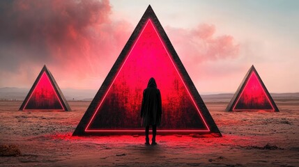 Fototapete - Futuristic dystopian desert where neon pyramids glow under an artificial sky