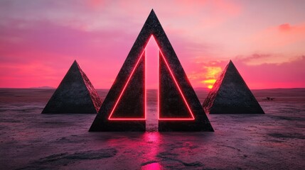 Fototapete - Futuristic dystopian desert where neon pyramids glow under an artificial sky