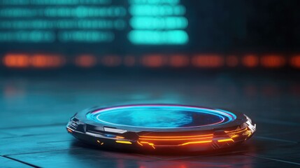 Fototapete - Futuristic holographic sports award, neon blue glowing edges, digital leaderboard in the background