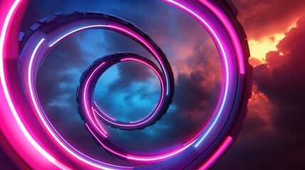 Fototapete - Futuristic neon-lit rollercoaster soaring through a digital night sky