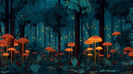 Poster - A whimsical forest with glowing mushrooms and fireflies at dusk